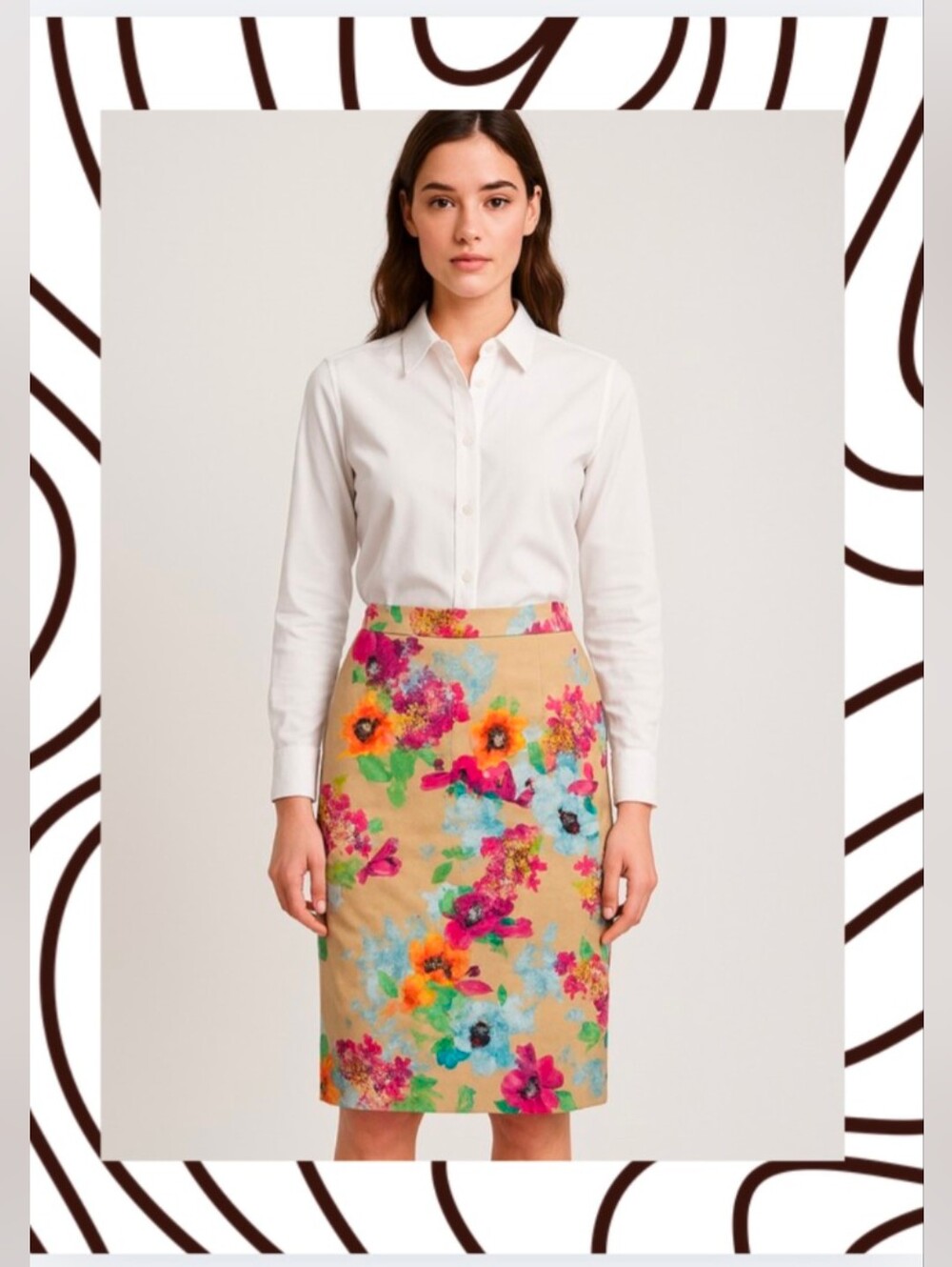 Floral Print Pencil Skirt - Beige Multicolor